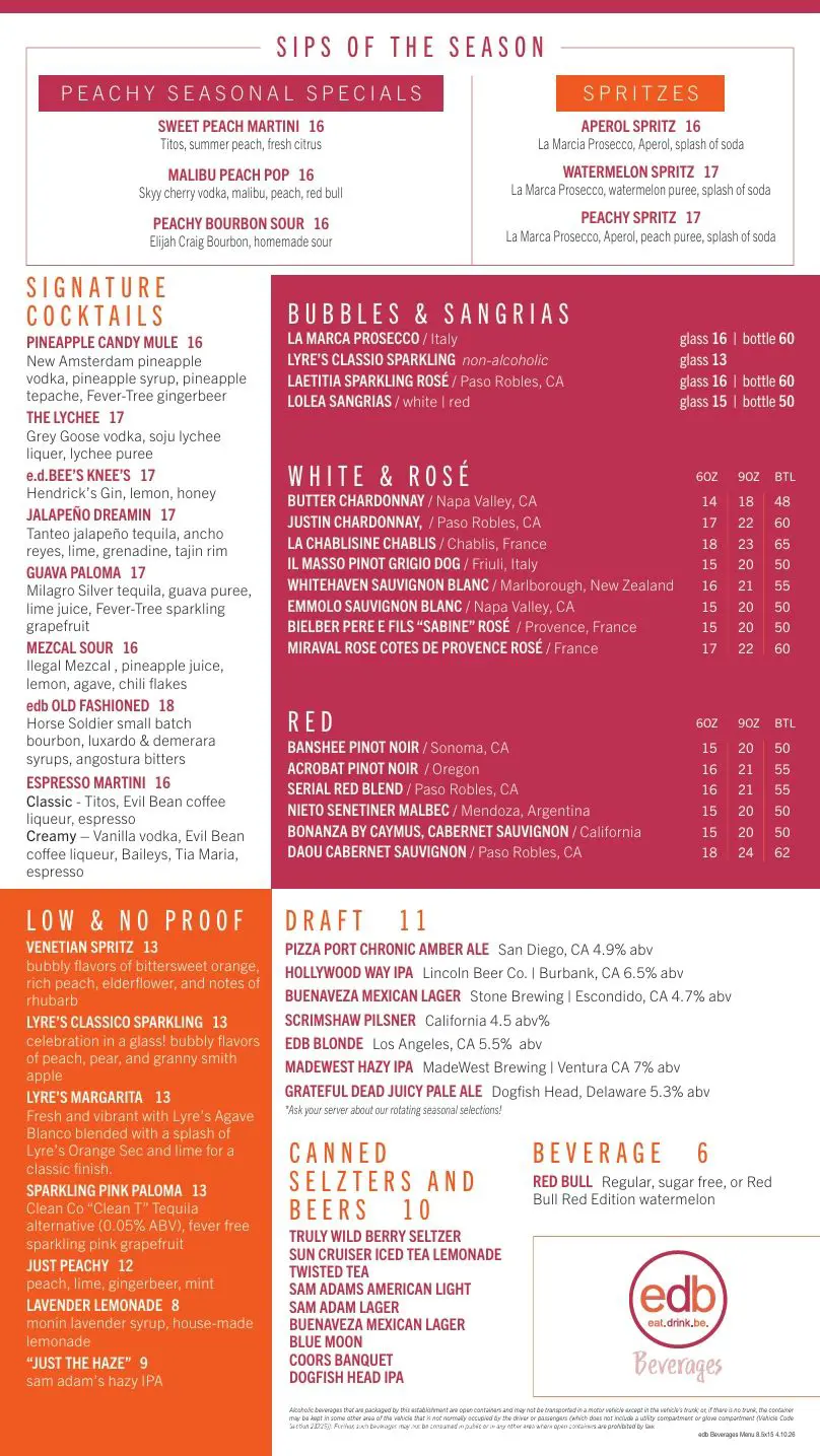 Eat Drink Be Menu 2026
